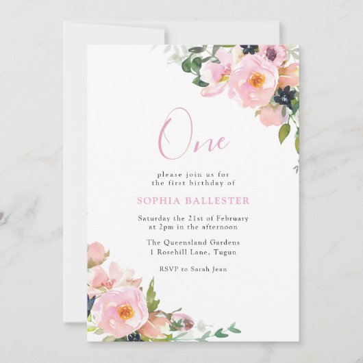 赤面&ピンクフラワーガールズ1st誕生日パーティー写真 招待状 (正面)