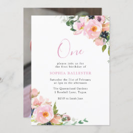 赤面&ピンクフラワーガールズ1st誕生日パーティー写真 招待状