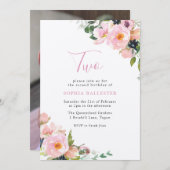 赤面&ピンクフラワーガールズ2nd誕生日パーティー写真 招待状 (正面/裏面)