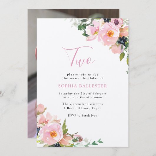 赤面&ピンクフラワーガールズ2nd誕生日パーティー写真 招待状 (正面/裏面)