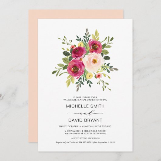赤面·ピンク·フローラのリ結婚ハーサル·ディナー 招待状 (正面/裏面)