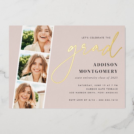 赤面 |フォトストリップ卒業パーティー金ゴールド 箔招待状 (正面)