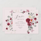 赤面&ブルゴーニュフローラフレームピンク結婚ズ セーブザデート (正面/裏面)