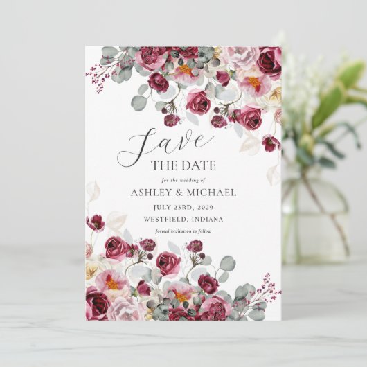 赤面&ブルゴーニュ花模様ウェディング日付を保存 招待状 (スタンド正面)