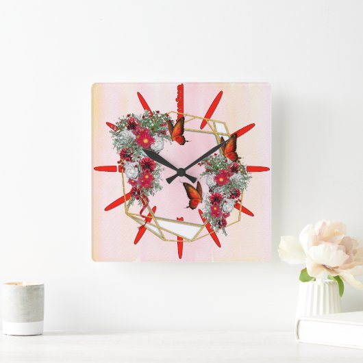 赤面、ブルゴーニュ、ホワイトローゼズブーケ スクエア壁時計 (ホーム)