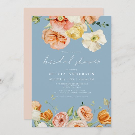 赤面&ブルーエレガント春フローラブライダルシャワー 招待状 (正面/裏面)