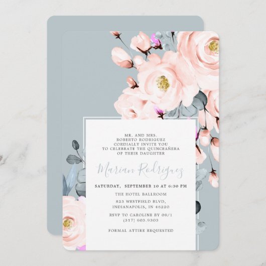 赤面&ブルーユニークウォーター色フローラキンセアニラ 招待状 (正面/裏面)