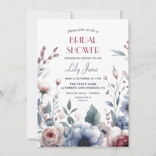赤面&ブルーヴィンテージフローラブライダルシャワー 招待状 (正面)