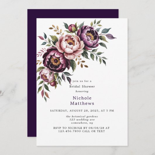 赤面&プラムピーニーリースブライダルシャワー 招待状 (正面/裏面)