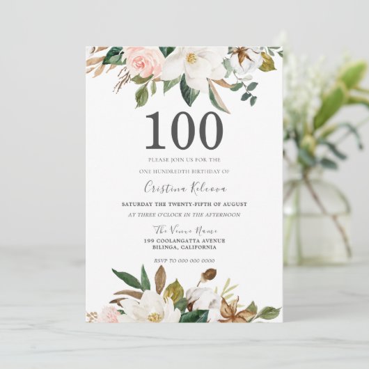 赤面&ホワイトウォーター色の花100誕生日 招待状 (スタンド正面)