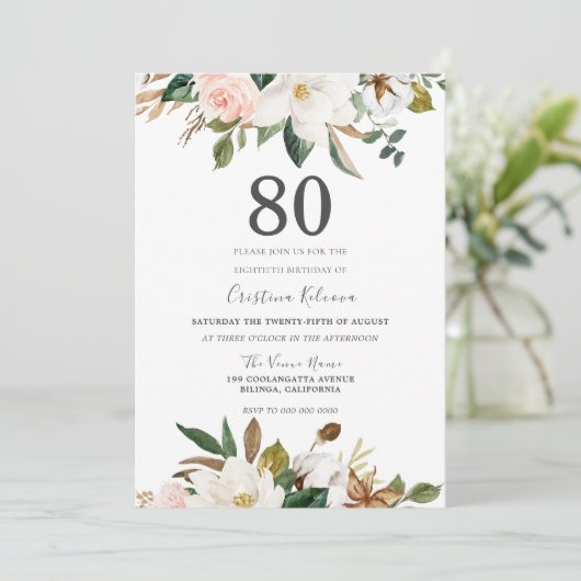 赤面&ホワイトウォーター色の花80誕生日 招待状 (スタンド正面)