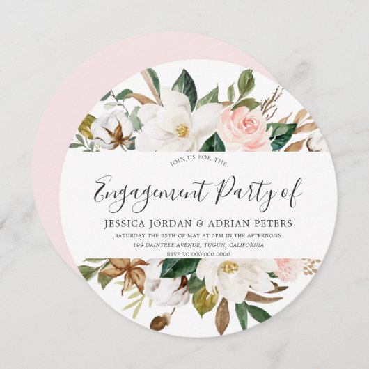 赤面&ホワイトビューティフルフラワーズ婚約パーティ 招待状 (正面/裏面)