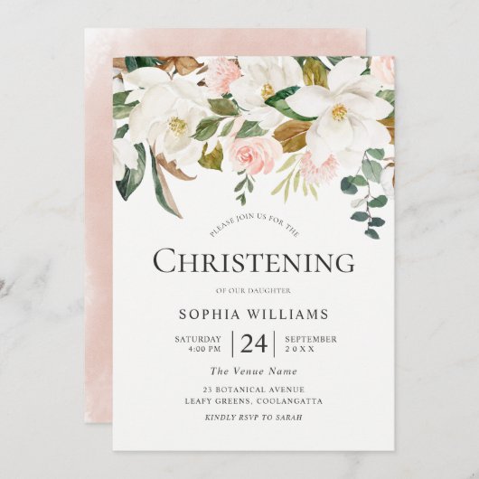 赤面&ホワイトフローラ美しい《キリスト教》洗礼式や命名式バプテスマ 招待状 (正面/裏面)