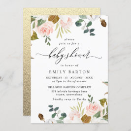 赤面&ホワイトフローラ金ゴールドグリッターベビーシャワー 招待状
