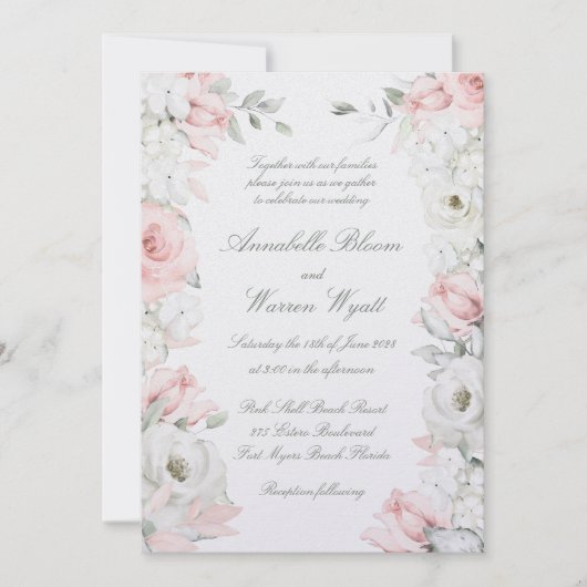 赤面&ホワイトローズフローラ庭園の結婚式パール 招待状 (正面)