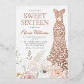 赤面&ホワイトローズ金ゴールドガウンスウィート16パーティー 箔招待状 (正面)