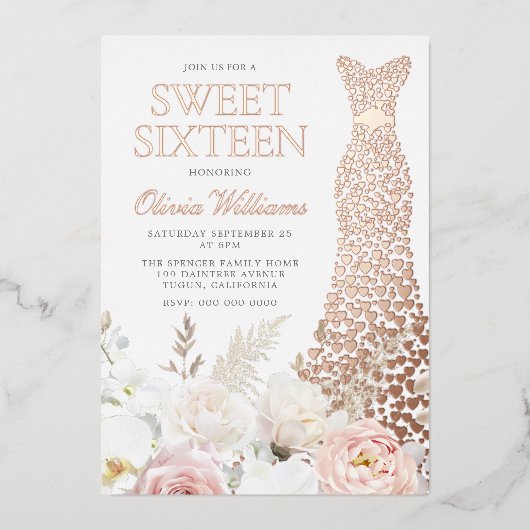 赤面&ホワイトローズ金ゴールドガウンスウィート16パーティー 箔招待状 (正面)