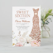 赤面&ホワイトローズ金ゴールドガウンスウィート16パーティー 箔招待状 (立ち正面)