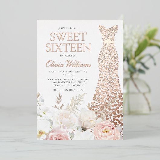 赤面&ホワイトローズ金ゴールドガウンスウィート16パーティー 箔招待状 (立ち正面)