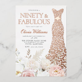 赤面&ホワイト90thバースデーパーティー実在バラ金ゴールド 箔招待状