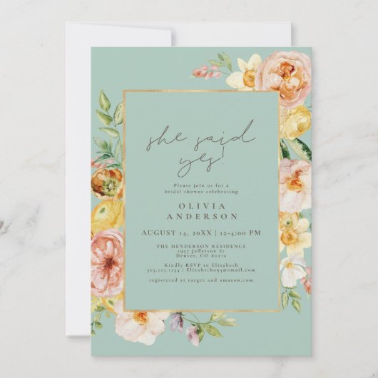 赤面&ミントフローラ彼女が言ったYesブライダルシャワー 招待状 (正面)