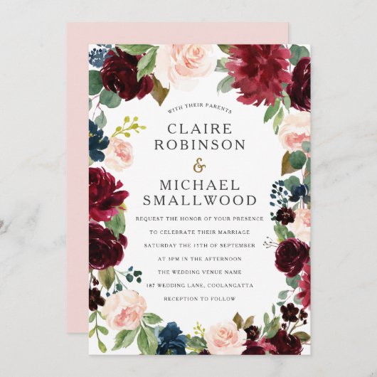 赤面&レッドワインフローラリース結婚ズ 招待状 (正面/裏面)