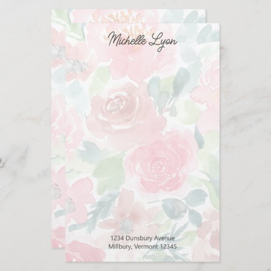 赤面、緑色透明水色バラカスタムS 便箋 (正面/裏面)