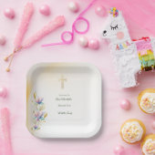 赤面&薄紫フローラ,金ゴールドクロスバプテスマプレート ペーパープレート (パーティー)