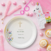 赤面&薄紫フローラ,金ゴールドクロスバプテスマプレート ペーパープレート (パーティー)