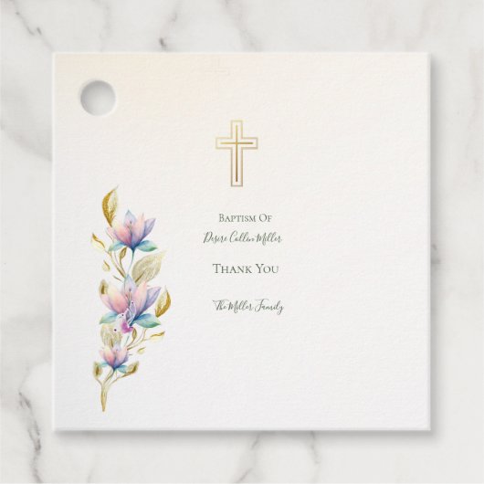 赤面&薄紫フローラ、金ゴールドクロスバプテスマメッセージカード フェイバータグ (正面)