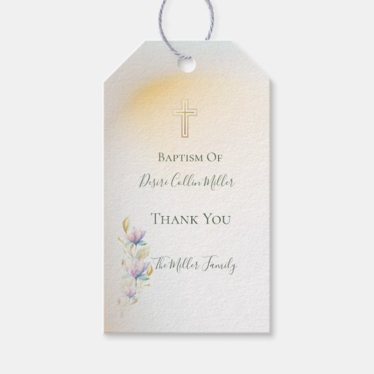 赤面&薄紫フローラ,金ゴールドクロス洗礼ギフトラベル ギフトタグ (正面)