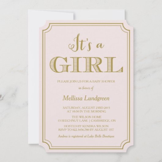 赤面&金ゴールドガールベビーシャワー招待状 招待状 (正面)