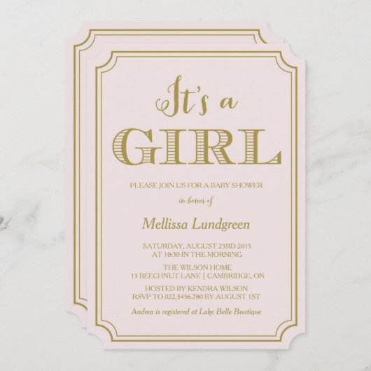 赤面&金ゴールドガールベビーシャワー招待状 招待状 (正面/裏面)