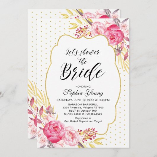 赤面&金ゴールドブライダルシャワーティーパーティー 招待状 (正面/裏面)