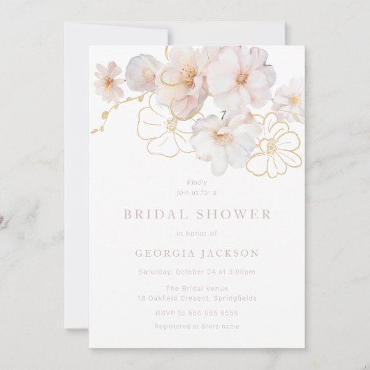 赤面&金ゴールドワイルドフラワーエレガントブライダルシャワー 招待状 (正面)