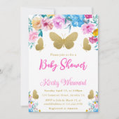 赤面。青と金ゴールドのフローラ蝶の赤ちゃんシャワー 招待状 (正面)