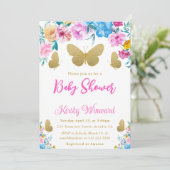 赤面。青と金ゴールドのフローラ蝶の赤ちゃんシャワー 招待状 (スタンド正面)