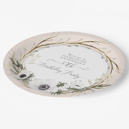 赤面BOHOアネモンフローラリース誕生日パーティー ペーパープレート (アングル)