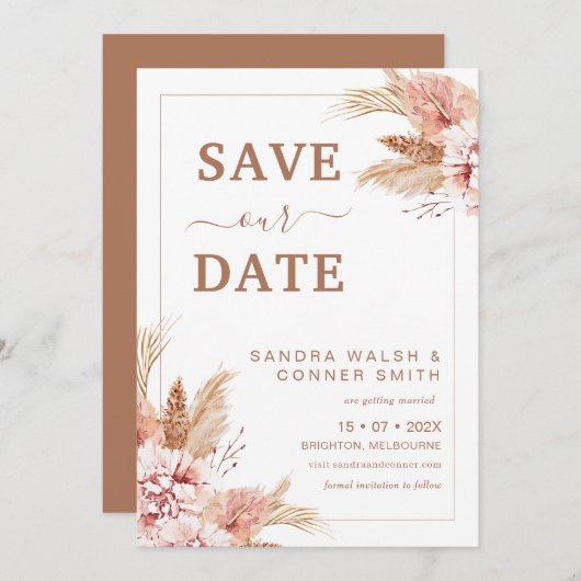 赤面Bohoフローラ日付カードの保存 招待状 (正面/裏面)