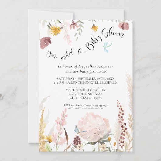 赤面BOHO水彩フローラバタフライベビーガール 招待状 (正面)