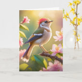 赤頭のふっくら胸のウオーブラーの幻想の鳥 カード (黄色い花)