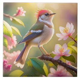 赤頭のふっくら胸のウオーブラーの幻想の鳥 タイル