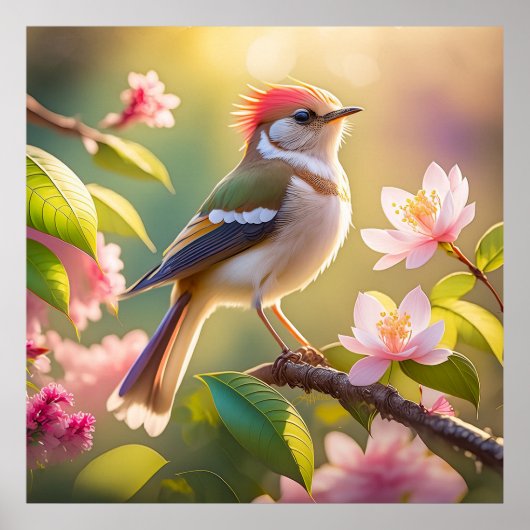 赤頭のふっくら胸のウオーブラーの幻想の鳥 ポスター (正面)