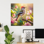 赤頭のふっくら胸のウオーブラーの幻想の鳥 ポスター (ホームオフィス)