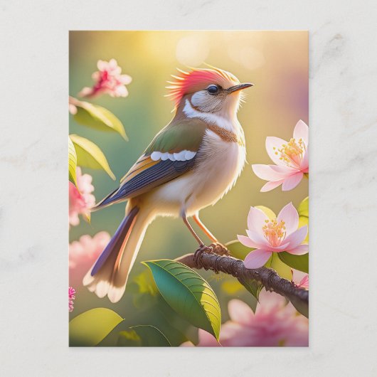 赤頭のふっくら胸のウオーブラーの幻想の鳥 ポストカード (正面)