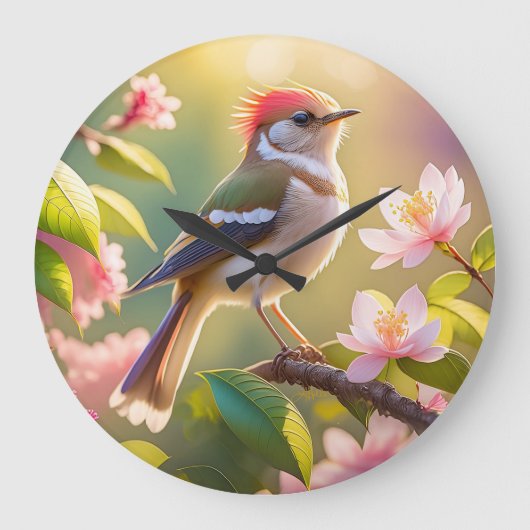 赤頭のふっくら胸のウオーブラーの幻想の鳥 ラージ壁時計 (正面)