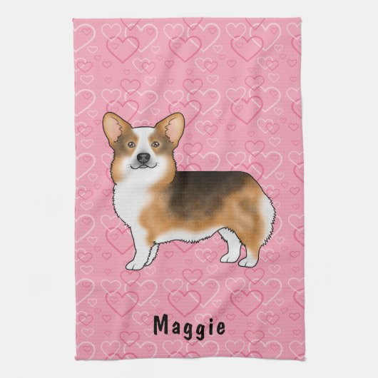 赤頭トライペンブロークウェルシュコーギーハート&名前 キッチンタオル (縦)