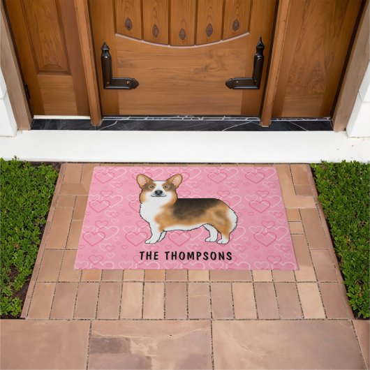 赤頭トライペンブロークウェルシュコーギーハート&名前 ドアマット (室外)