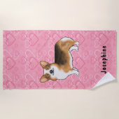 赤頭トライペンブロークウェルシュコーギーピンクハート ビーチタオル (正面)