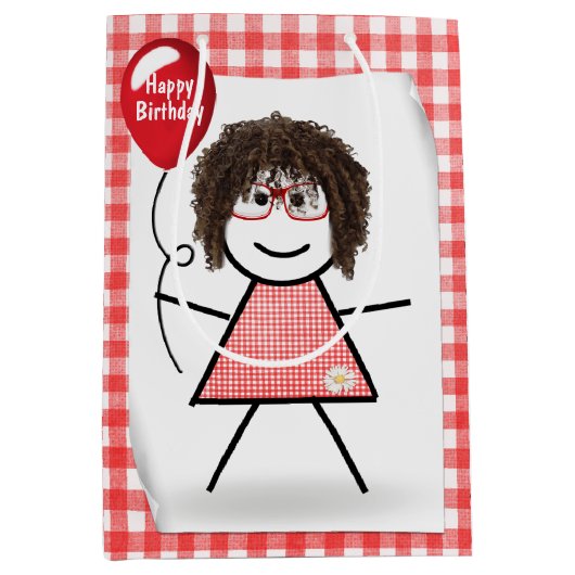 赤風船付きスティックフィギュア誕生日 ミディアムペーパーバッグ (正面)